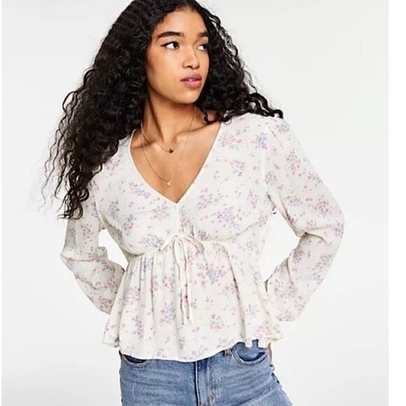 Hippie Rose Juniors Tie Waist Babydoll Top, shirt White Orchid, XS - Picture 1 of 8